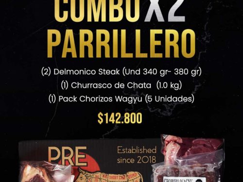 combo parrillero para 2 personas (2) Delmonico Steak (Und 340 gr- 380 gr) (1) Churrasco de Chata (1.0 kg) (1) Pack Chorizos Wagyu (5 Unidades)