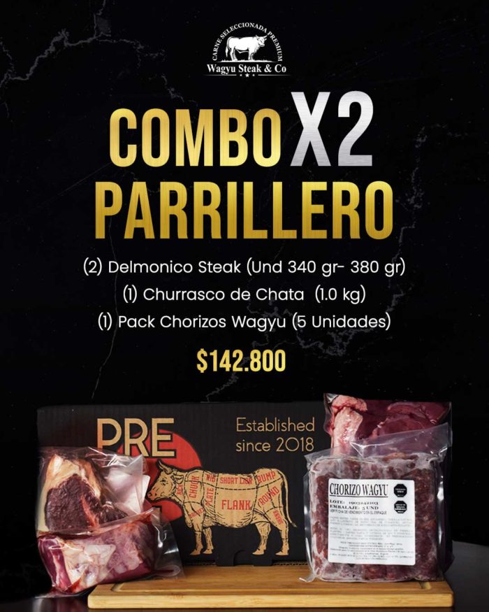 combo parrillero para 2 personas (2) Delmonico Steak (Und 340 gr- 380 gr) (1) Churrasco de Chata (1.0 kg) (1) Pack Chorizos Wagyu (5 Unidades)