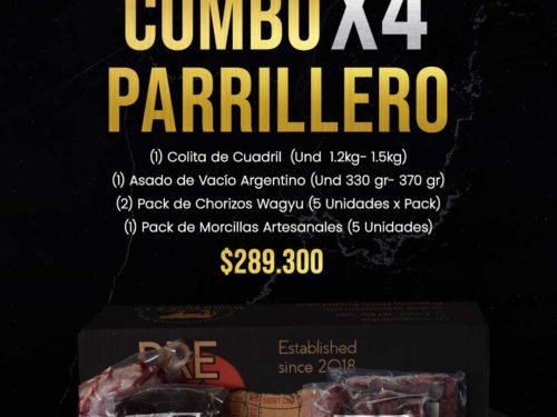 combo parrillero para 4 personas. (1) Colita de Cuadril (Und 1.2kg- 1.5kg) (1) Asado de Vacío Argentino (Und 330 gr- 370 gr) (2) Pack de Chorizos Wagyu (5 Unidades x Pack) (1) Pack de Morcillas Artesanales (5 Unidades)