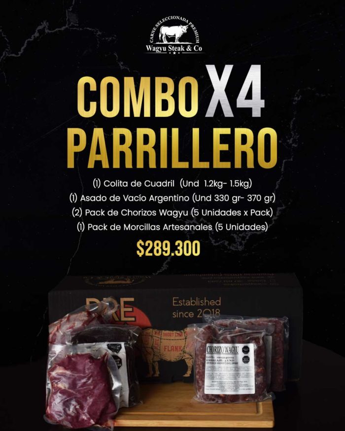 combo parrillero para 4 personas. (1) Colita de Cuadril (Und 1.2kg- 1.5kg) (1) Asado de Vacío Argentino (Und 330 gr- 370 gr) (2) Pack de Chorizos Wagyu (5 Unidades x Pack) (1) Pack de Morcillas Artesanales (5 Unidades)